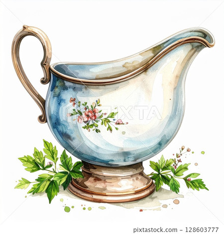 Blue and White Floral Sauce Boat with Silver Accents 128603777
