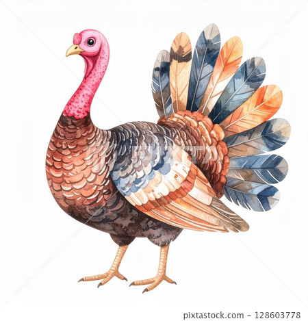 Watercolor Painting of a Colorful Turkey 128603778