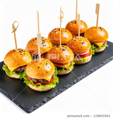 Eight Mini Cheeseburgers on Black Slate Tray 128603881