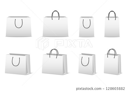 Shopping Bag Vector Set. White Shopping Bag Mockup, Paper Shopping Bag Template, Blank Shopping Package Vector for Branding, Retail Design, Merchandise Packaging, Gift Bag Illustration 128603882