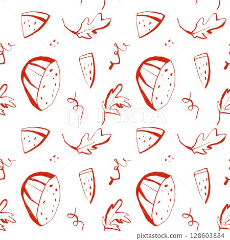 Seamless pattern with watermelon slices leaves seeds and curly twigs on white background summer fruit design Seamless pattern with watermelon slices leaves seeds and curly twigs on white background summer fruit design 128603884