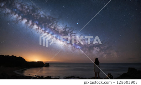 Starry sky seen from the coast 128603905