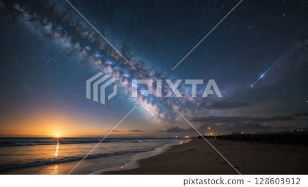 Starry sky seen from the coast 128603912