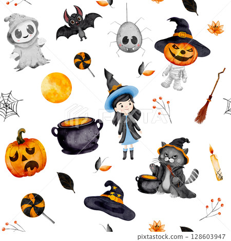 Watercolor seamless pattern featuring witch, ghost, zombie, black cat and bat on white background. Perfect for spooky invitations, kids decor, holiday supplies and halloween projects. 128603947