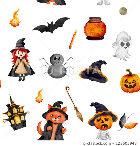 Watercolor seamless pattern featuring witch, ghost, zombie, orange cat and bat on white background. Perfect for spooky invitations, kids decor, holiday projects. 128603948
