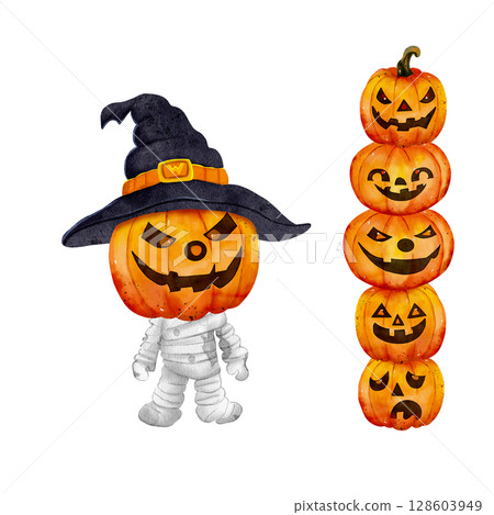 Watercolor Halloween composition with a zombie pumpkin in a witch hat and a stacked pumpkin tower. Hand-painted spooky illustration on white background, perfect for party decor and cards. Watercolor Halloween composition with a zombie pumpkin in a witch hat and a stacked pumpkin tower. Hand-painted spooky illustration on white background, perfect for party decor and cards. 128603949
