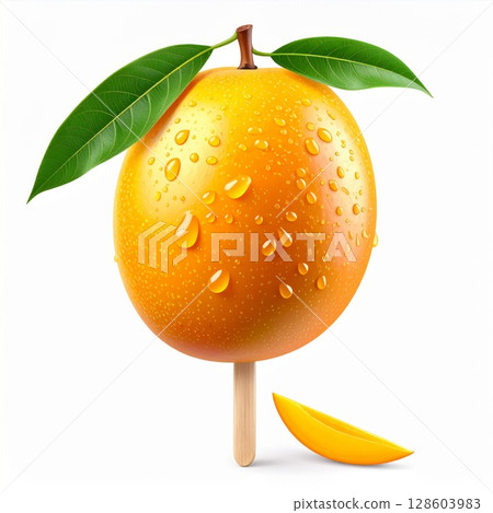 Ripe Yellow Mango Popsicle with Green Leaves 128603983