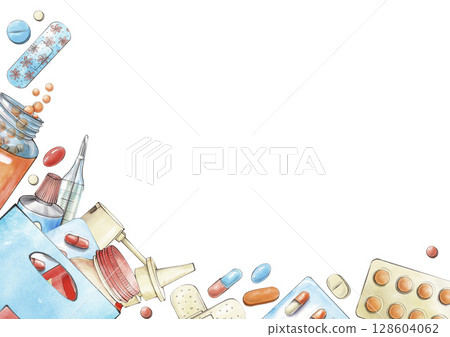 Rectangular frame with medicines in watercolor style isolated on white background.Blisters, tablets, capsules, patch, tube. Template for medical information, certificate, banner, empty space for text. Rectangular frame with medicines in watercolor style isolated on white background.Blisters, tablets, capsules, patch, tube. Template for medical information, certificate, banner, empty space for text. 128604062