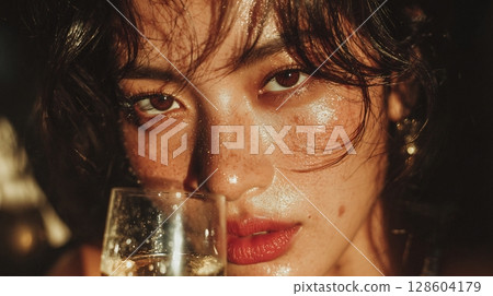 Close-up of a woman's face with dewy skin and a champagne glass. 128604179