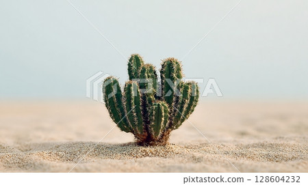 A small, vibrant green cactus plant thrives in light sandy desert terrain. 128604232