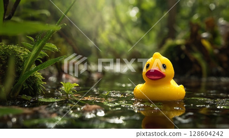 Yellow rubber duck toy floating in calm water, surrounded by green nature. 128604242