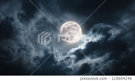 A stunning view of a full moon shining through thick, dark night clouds. 128604246