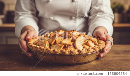Crispy and fragrant braided apple pie 128604284