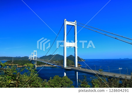 [Ehime Prefecture] The Kurushima Kaikyo Bridge and Kurushima Strait (Shimanami Kaido) as seen from the Kurushima Kaikyo Observatory 128604291
