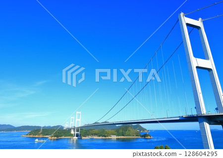 [Ehime Prefecture] The Kurushima Kaikyo Bridge and Kurushima Strait (Shimanami Kaido) as seen from the Kurushima Kaikyo Observatory 128604295