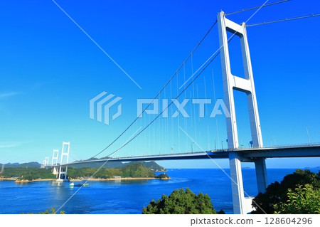 [Ehime Prefecture] The Kurushima Kaikyo Bridge and Kurushima Strait (Shimanami Kaido) as seen from the Kurushima Kaikyo Observatory 128604296