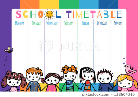 Cute back to school timetable for kids, colorful weekly educational planner template, children daily lesson schedule organizer 128604316
