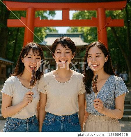 We generated a scene of three people standing side by side taking a commemorative photo under a torii gate. We generated a scene of three people standing side by side taking a commemorative photo under a torii gate. 128604356