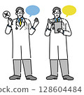 Illustration set of a doctor giving explanations and warnings (with speech bubble / full body) 128604484