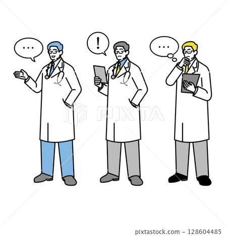 Illustration set of expressive doctors (thinking, explaining, being surprised) Illustration set of expressive doctors (thinking, explaining, being surprised) 128604485