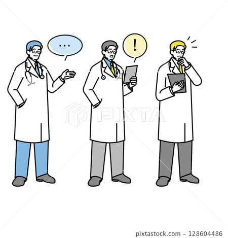A set of doctor illustrations depicting interactions between medical teams (with speech bubbles) 128604486
