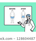 Illustration of a doctor explaining the results of a diet (before and after diagram) 128604487