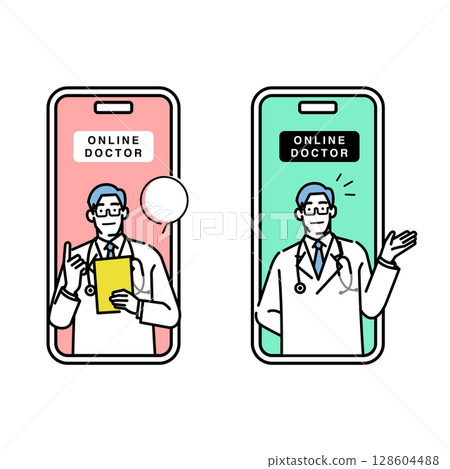 Illustration set of an online doctor examining a patient on a smartphone screen 128604488