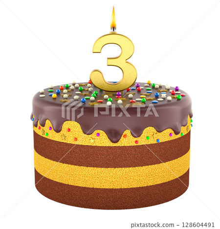 Chocolate birthday cake with number 3 candle. 3D rendering Chocolate birthday cake with number 3 candle. 3D rendering 128604491