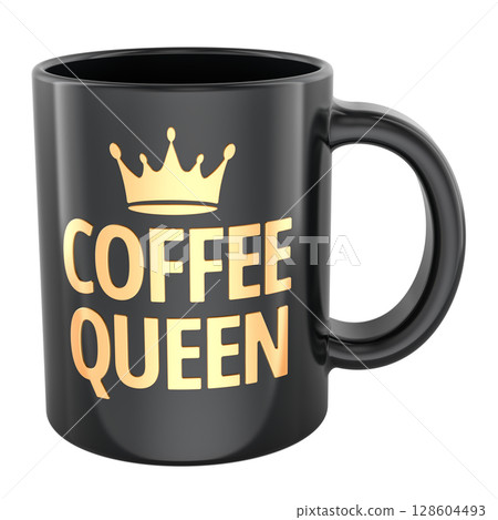 Coffee Queen, black coffee mug, 3D rendering 128604493