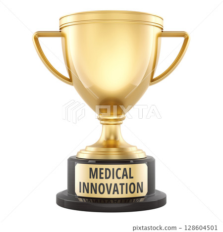 Medical Innovation golden trophy cup. 3D rendering 128604501
