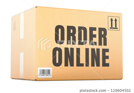Order Online concept with cardboard box. 3D rendering 128604502