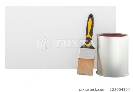 Paint brush and can with blank card, 3D rendering 128604504