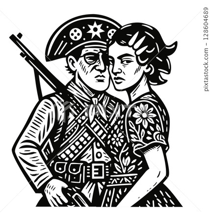 Lampiao and Maria Bonita. Cangaceiros, folk heroes of Brazil. Brazilian cordel style. Northeast woodcut 128604689
