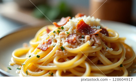 Creamy Carbonara Pasta with Crispy Bacon and Freshly Grated Parmesan 128604917