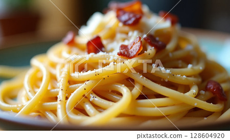 Creamy Italian Carbonara with Crispy Bacon and Parmesan Shavings Creamy Italian Carbonara with Crispy Bacon and Parmesan Shavings 128604920