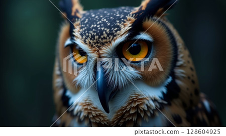 Intense Owl Gaze with Detailed Feathers and Piercing Yellow Eyes in Night Forest 128604925