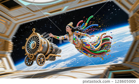 Girl flying in space. A girl flying towards a space hatch with the help of a space chariot. The intended blur conveys cosmic refraction and the effect of speed.  128605000