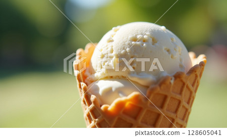 Ice Cream Scoop in Waffle Cone Macro with Creamy Texture and Summer Daylight 128605041