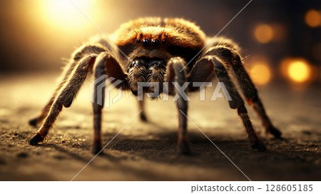 Golden-Hued Tarantula Macro with Sharp Fangs and Glowing Leg Hairs	 128605185