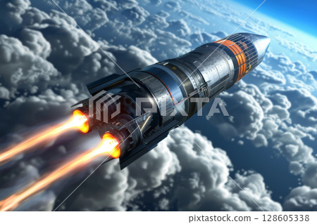 A rocket soars from Earth into space, science concept. Generative AI 128605338