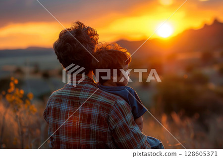 Father holding his son on his shoulders while walking outdoors, Father's Day concept, generative ai Father holding his son on his shoulders while walking outdoors, Father's Day concept, generative ai 128605371