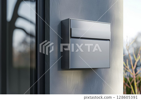 stainless Mailbox Mounted on the Wall of a New Modern Building . Modern numbered mailboxes box outdoors. Generated Ai 128605391