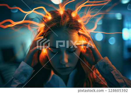 Havana syndrome, woman with migraine or headache holding her head due to pain, . generative Ai 128605392
