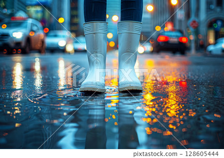 feet in rubber boots rain puddle on road city background . ai generative 128605444