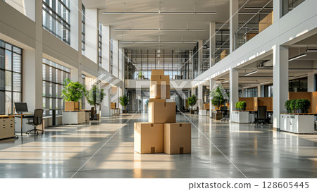 Cardboard boxes in empty office interior, moving concept. . Move to new office. Ai generative Cardboard boxes in empty office interior, moving concept. . Move to new office. Ai generative 128605445