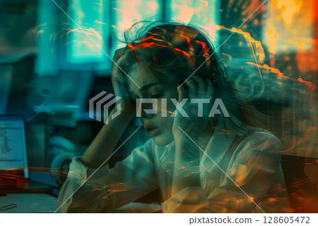 Havana syndrome, woman with migraine or headache holding her head due to pain, . generative Ai 128605472