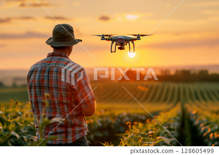 Man controlling drone in smart agriculture farm, smart farm concept. ai generative 128605499
