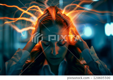 Havana syndrome, woman with migraine or headache holding her head due to pain, . generative Ai 128605500