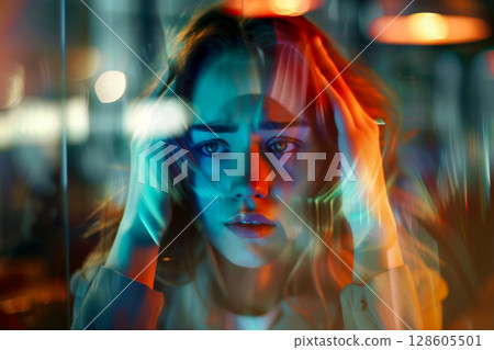 Havana syndrome, woman with migraine or headache holding her head due to pain, . generative Ai 128605501