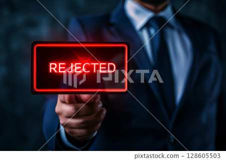 A businessman in a dark blue suit points at rejected notification sign . Generative AI 128605503
